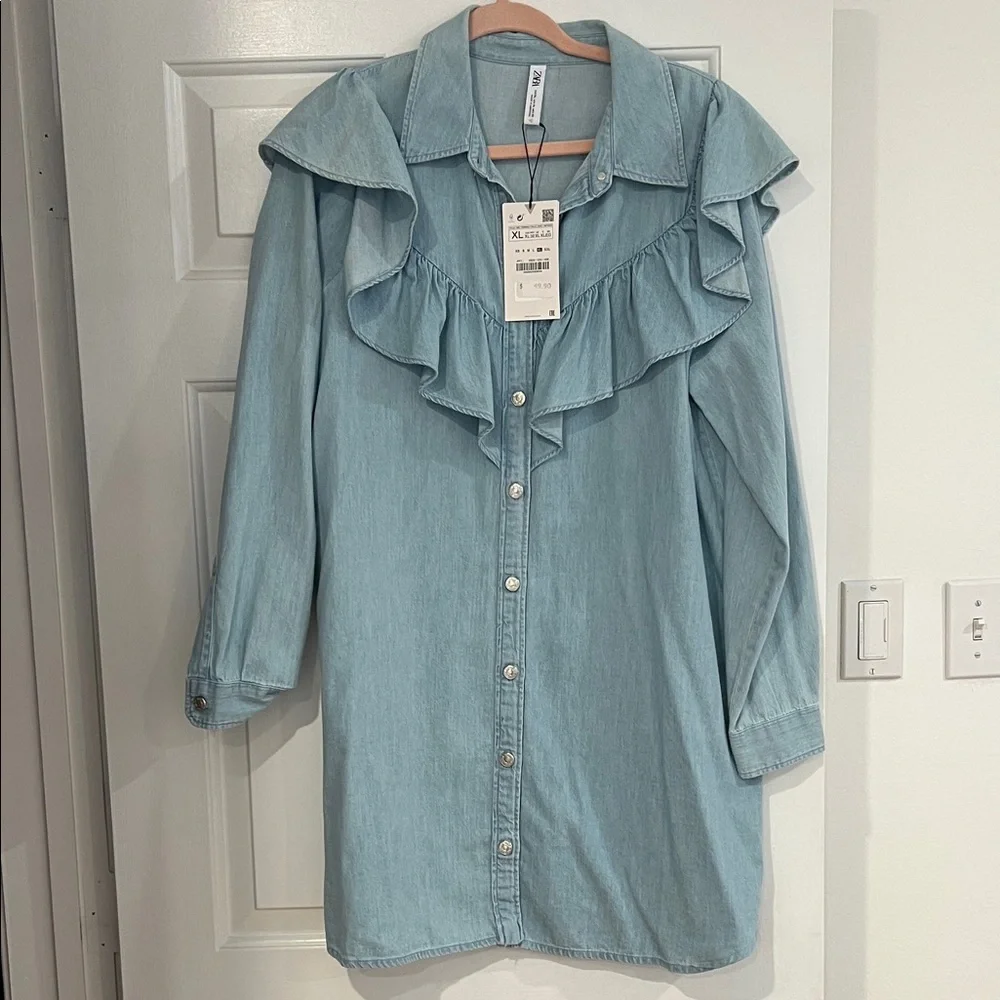 Zara Denim Dress with Ruffle Detail - Picture 1 of 4